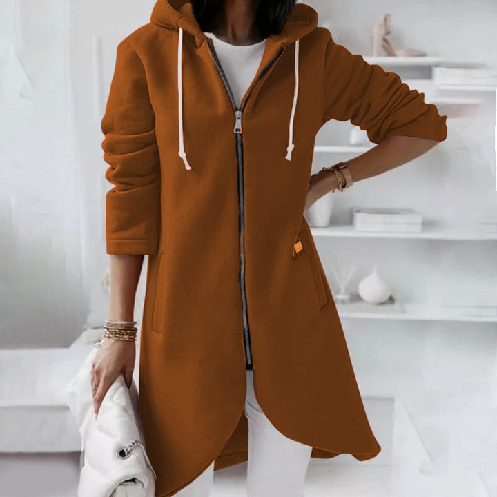 Stijlvolle middellange damesjas met capuchon, veelzijdig voor zowel herfst als winter, casual en elegant.