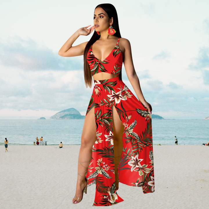 Tweedelige dames zomerset Naïma met stijlvolle haltertop en lange rok met split, ideaal voor vakantie.