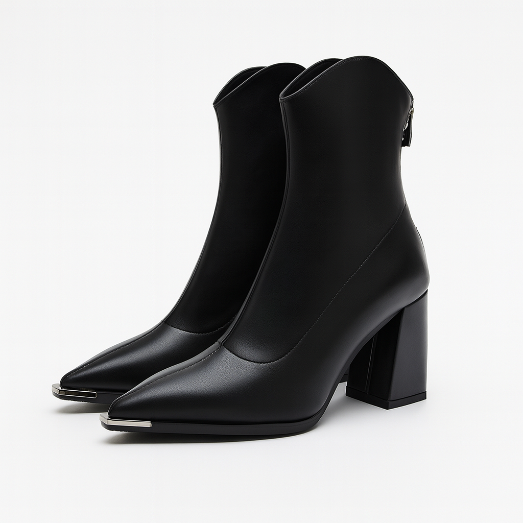 Zwarte orthopedische dames western enkellaarzen met voetboogondersteuning en comfortabele blokhak.