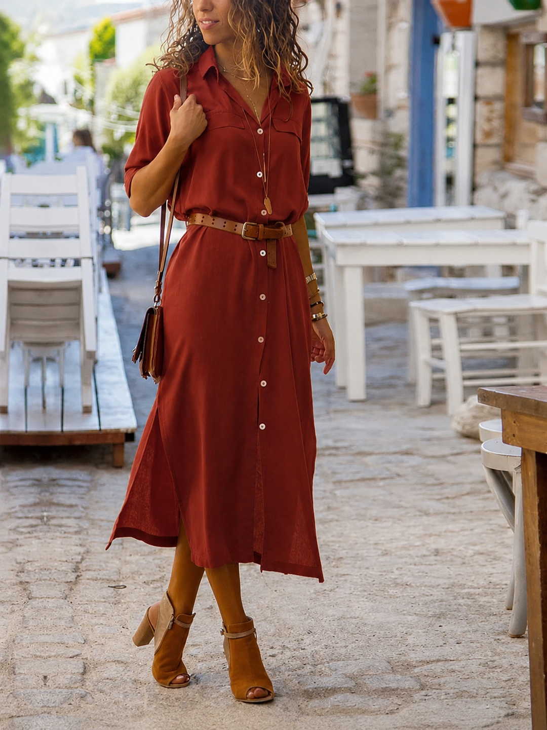 Dames overhemd midi jurk met riem, een elegante en comfortabele damesjurk voor lente en zomer.
