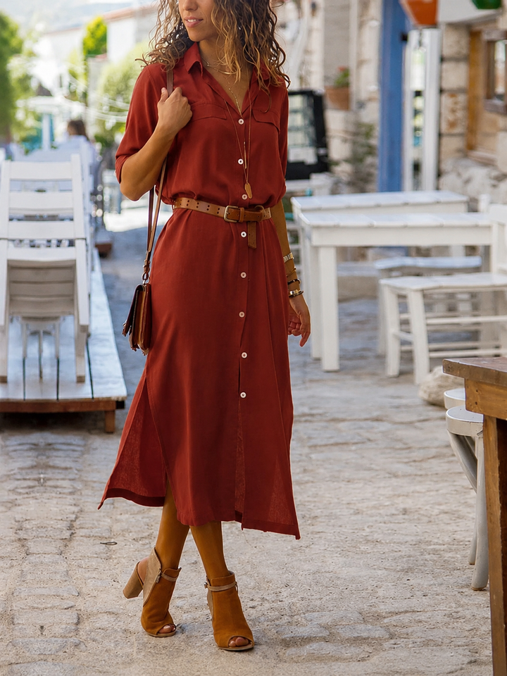 Dames overhemd midi jurk met riem, een elegante en comfortabele damesjurk voor lente en zomer.
