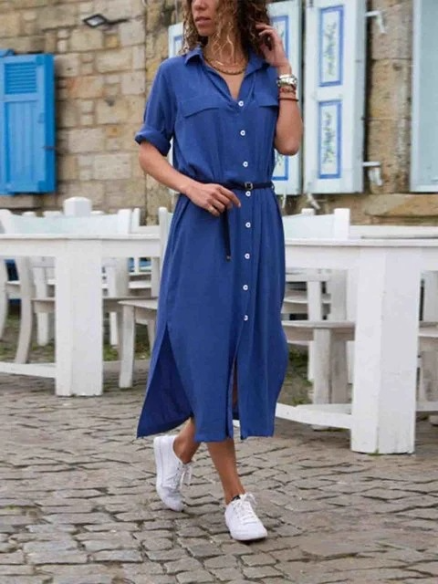 Nette dames midijurk met riem, een modieuze overhemdjurk uit de lentecollectie, perfect voor elke gelegenheid.