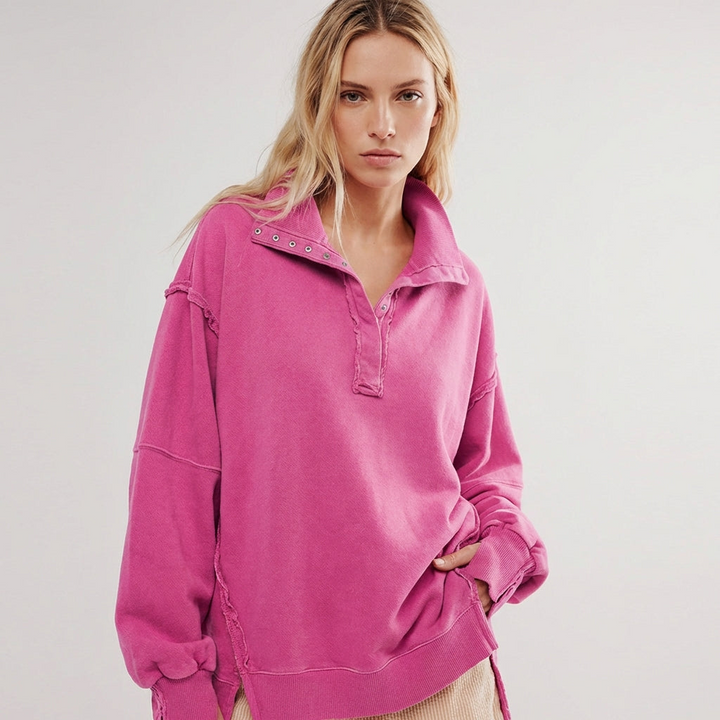 Dames oversized Henley pullover met lange mouwen, losse pasvorm en knoopjes; comfortabele casual trui.