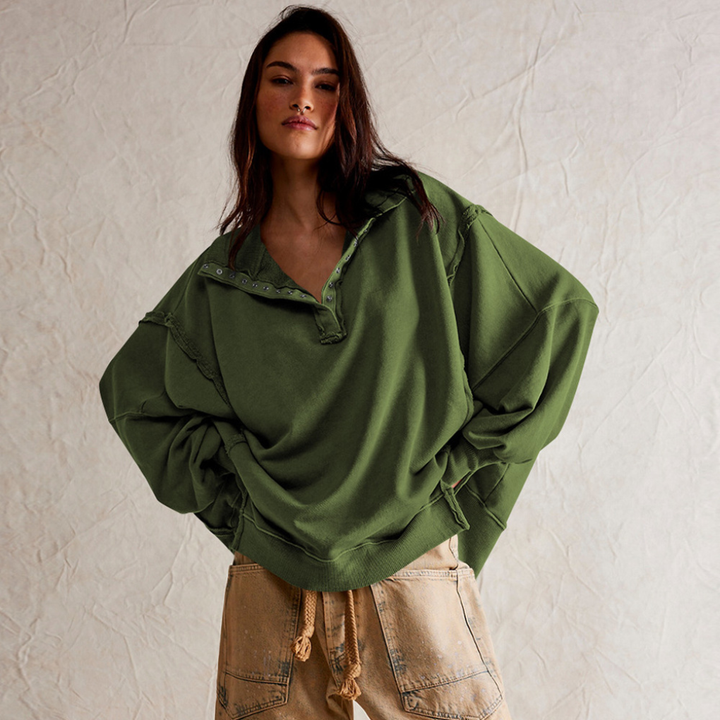 Comfortabele dames oversized Henley pullover met lange mouwen en losse pasvorm; een must-have casual trui.
