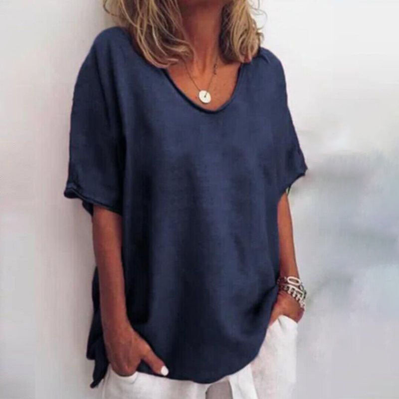 Dames V-hals T-shirt in oversized stijl, comfortabel en casual voor een trendy, relaxte zomerlook.