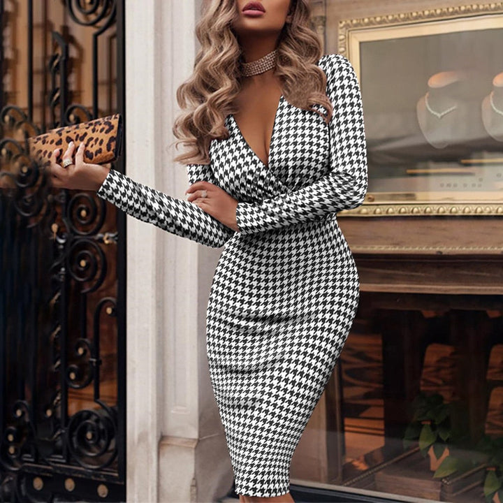 Dames pailletten bodycon jurk met V-hals en lange mouwen; elegante midijurk, perfect voor feestjes en avondkleding.