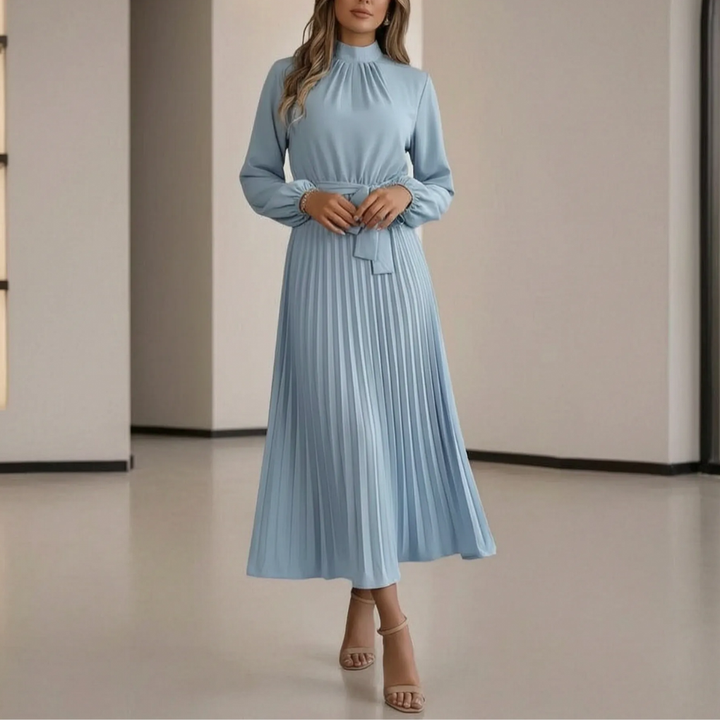 Dames plooimidi jurk met lange mouw en elegante taille strik, ideaal voor formele of zakelijke gelegenheden.
