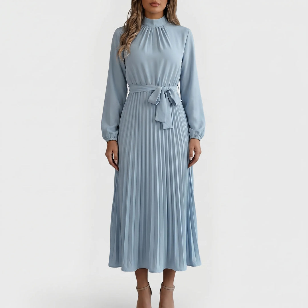 Veelzijdige dames jurk met lange mouw, plooimidi en strik taille; perfect voor kantoor of een feestje.