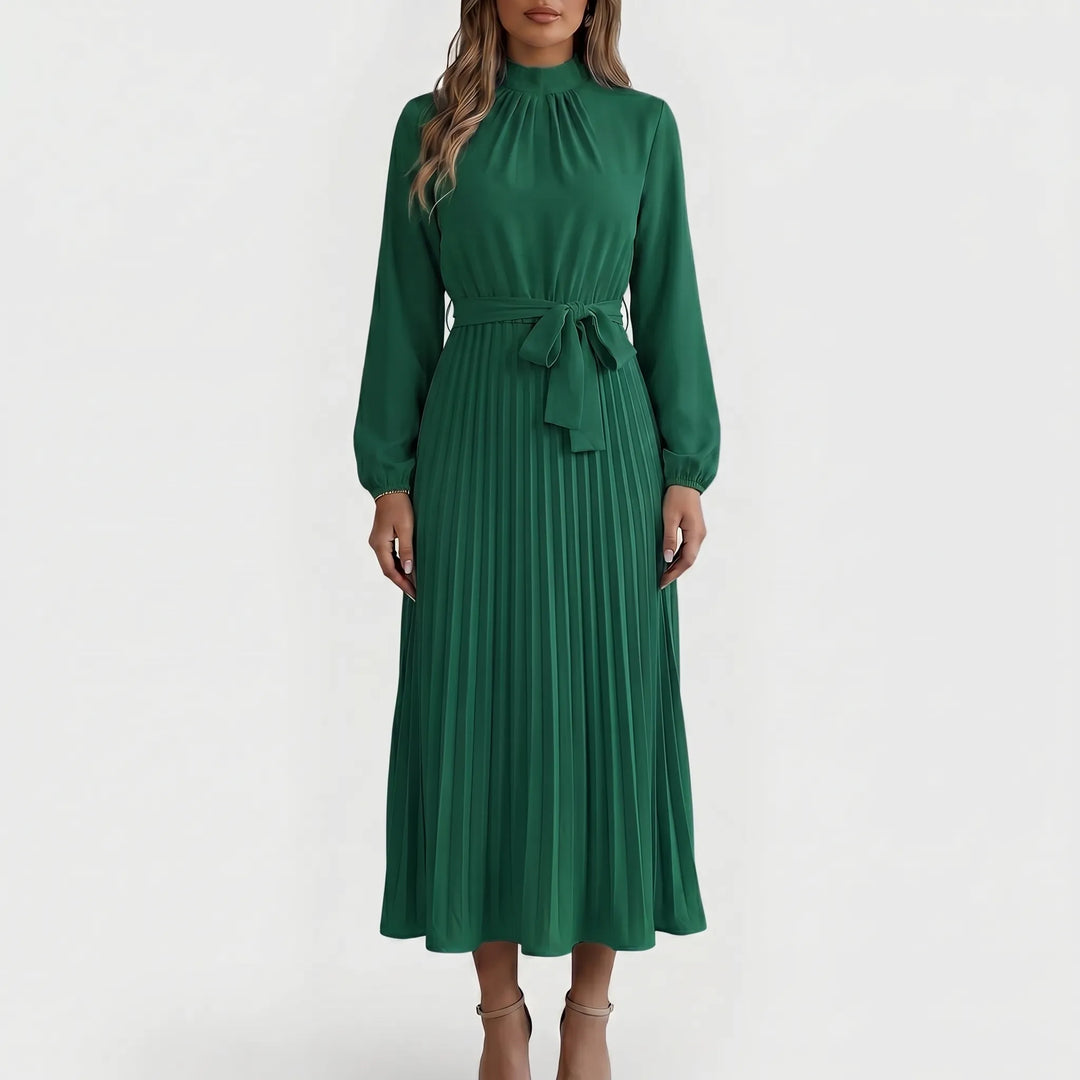 Stijlvolle dames lange mouw midi jurk met zwierige plooirok en chique taille strik, perfect voor herfst.