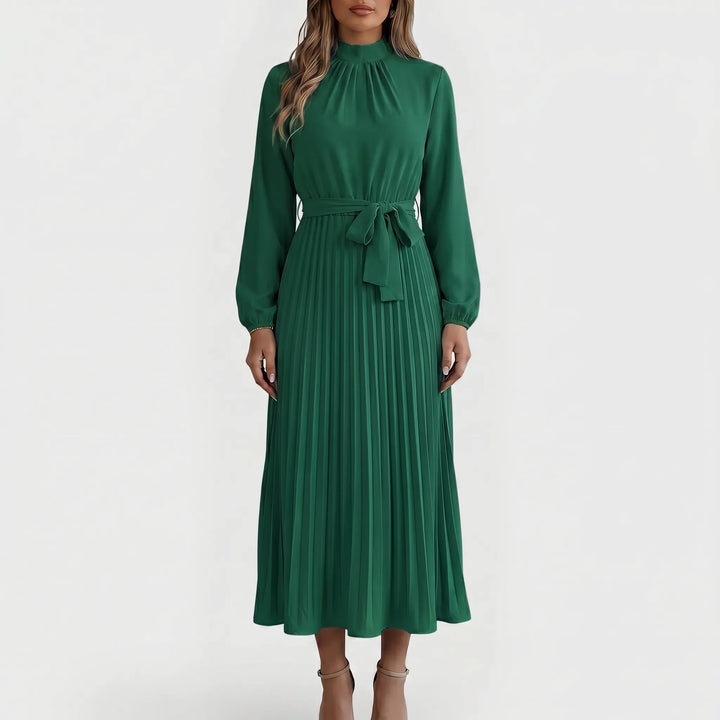 Stijlvolle dames lange mouw midi jurk met zwierige plooirok en chique taille strik, perfect voor herfst.