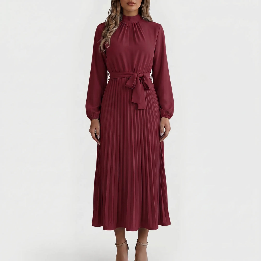 Dames formele jurk met lange mouw, plooimidi rok en verstelbare strik taille voor een flatterende pasvorm.
