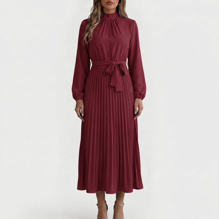 Dames formele jurk met lange mouw, plooimidi rok en verstelbare strik taille voor een flatterende pasvorm.