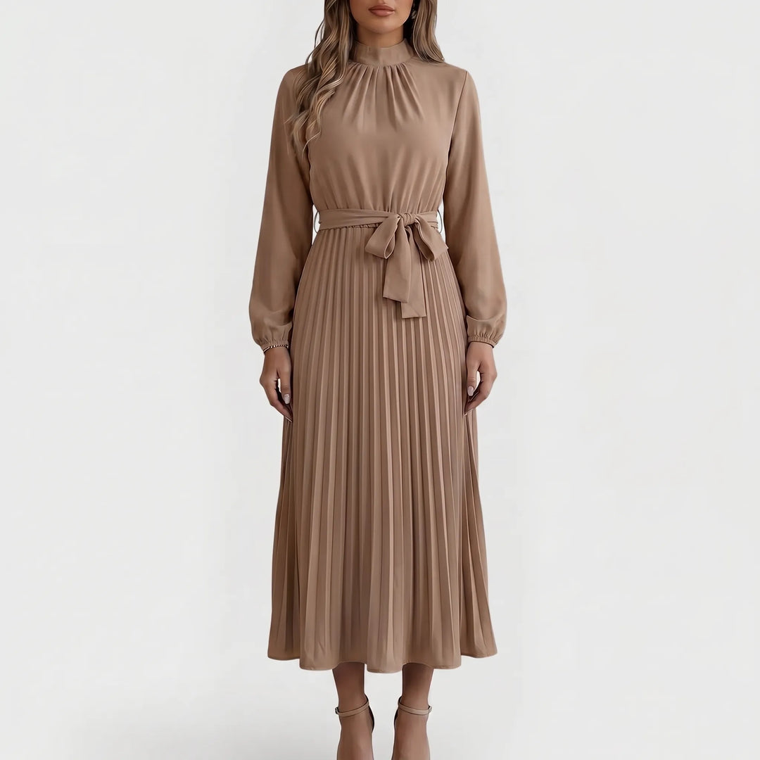 Midi jurk dames, met lange mouw en plooirok, verfraaid met een elegante strik; perfect voor formele events.