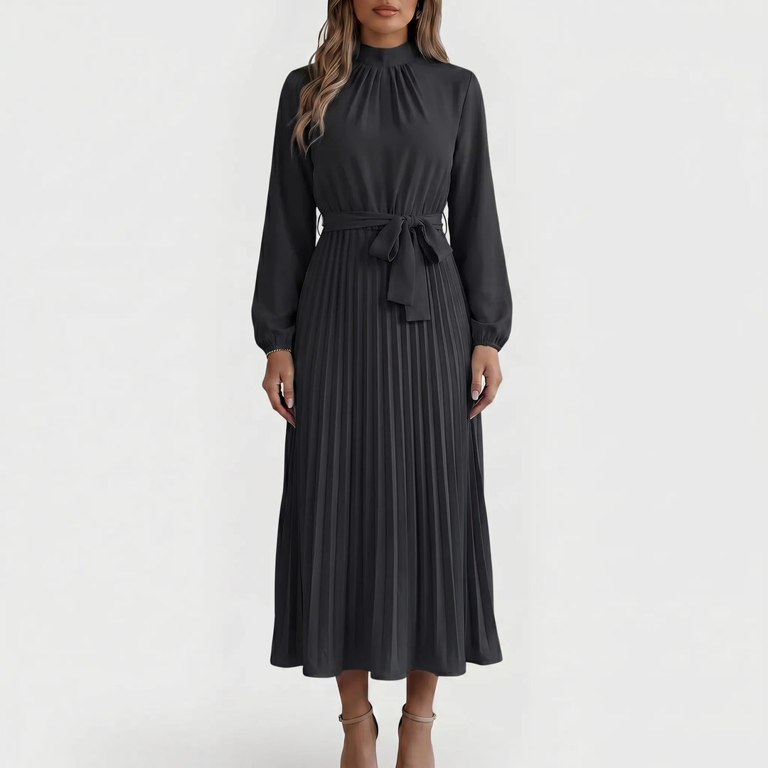 Dameskleding: elegante lange mouw plooimidi jurk met taille strik. Zakelijke, veelzijdige polyester jurk.