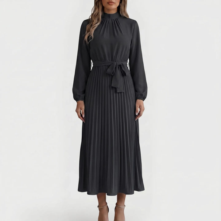 Dameskleding: elegante lange mouw plooimidi jurk met taille strik. Zakelijke, veelzijdige polyester jurk.