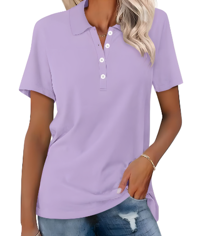 Close-up: duurzame stof dames poloshirt Nova. Comfortabele, elegante top kleding met verfijnde textuur.