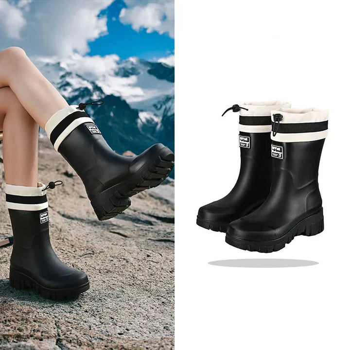 Elegante retro regenlaarzen dames, waterdicht en antislip, combineert mode met functionaliteit.