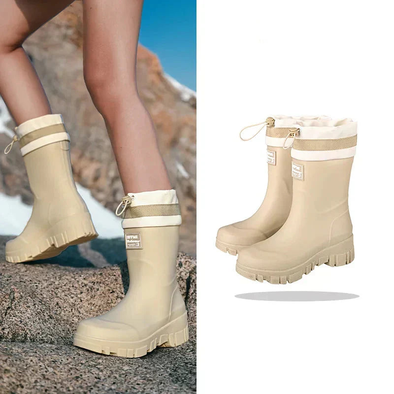 Modieuze retro regenlaarzen voor dames, waterdicht en met een antislipzool, essentieel voor de herfstgarderobe.