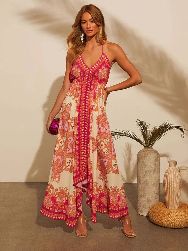 Damesmode: groene boho maxi jurk met halternek, ideaal voor een relaxte zomerlook.
