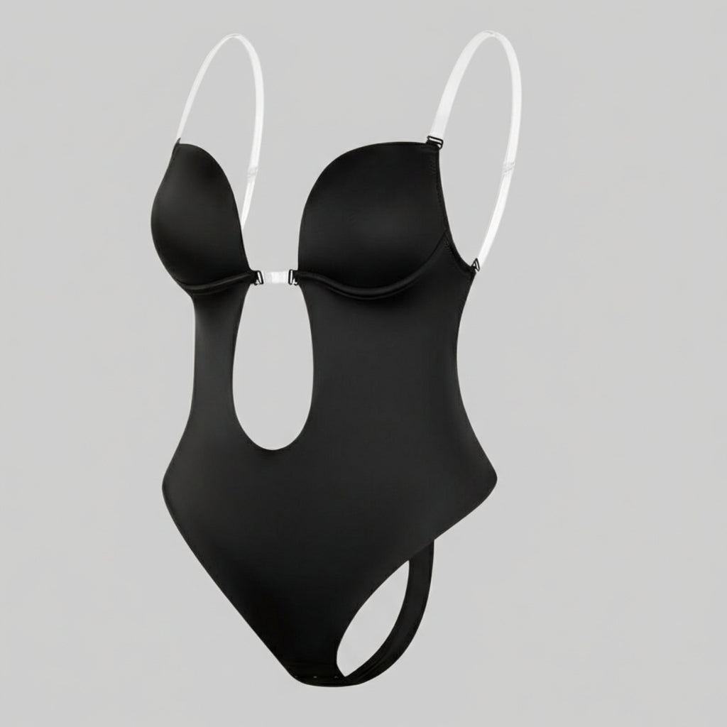 Dames body shaper met diepe V-hals en rugloos design, biedt onzichtbare shaping en comfortabele ondersteuning.