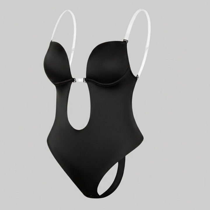 Dames body shaper met diepe V-hals en rugloos design, biedt onzichtbare shaping en comfortabele ondersteuning.