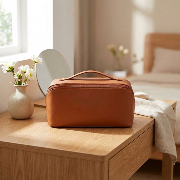 Dames ruime vierkante beautycase voor make-up en cosmetica, ideaal voor georganiseerde reizen.