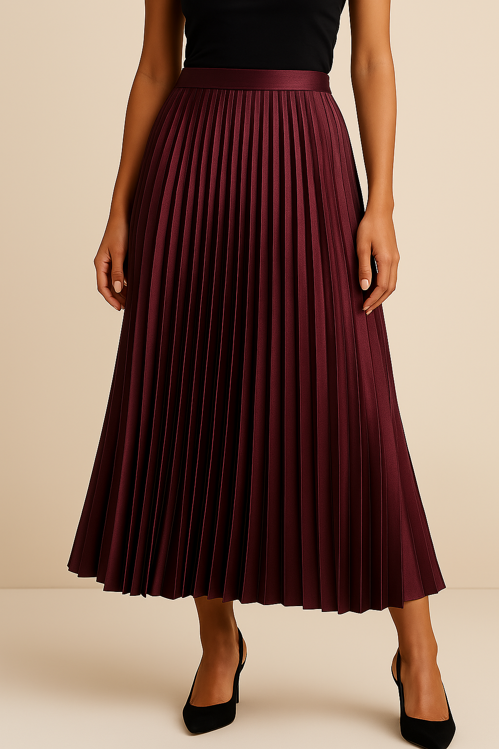 Comfortabele dames plissérok van satijn, met hoge taille. Ideaal voor feest of casual.