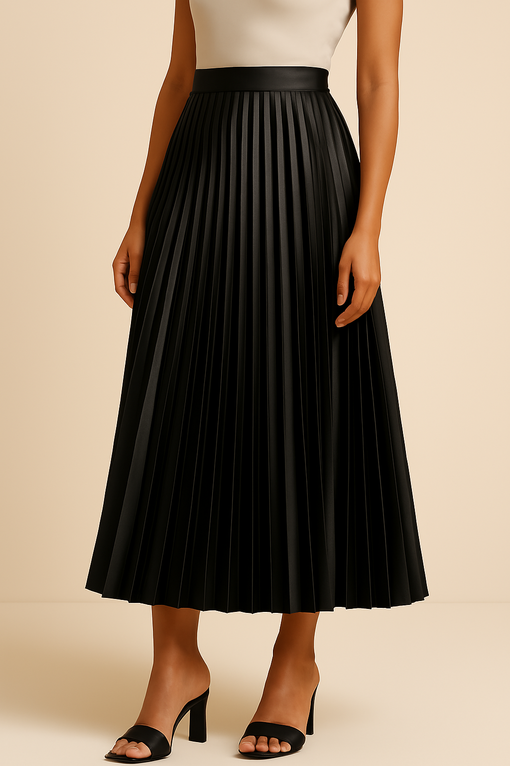 Vrouwelijke satijnen plissérok met soepele plooien en hoge taille. Perfect voor een chique look.