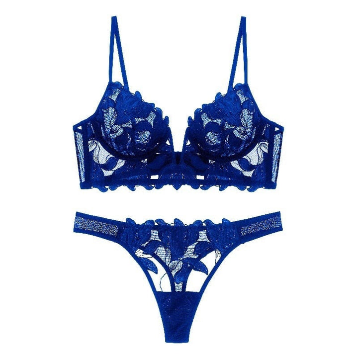 Dames sexy Franse kant lingerie set, elegante bh en slip met diepe V-hals.