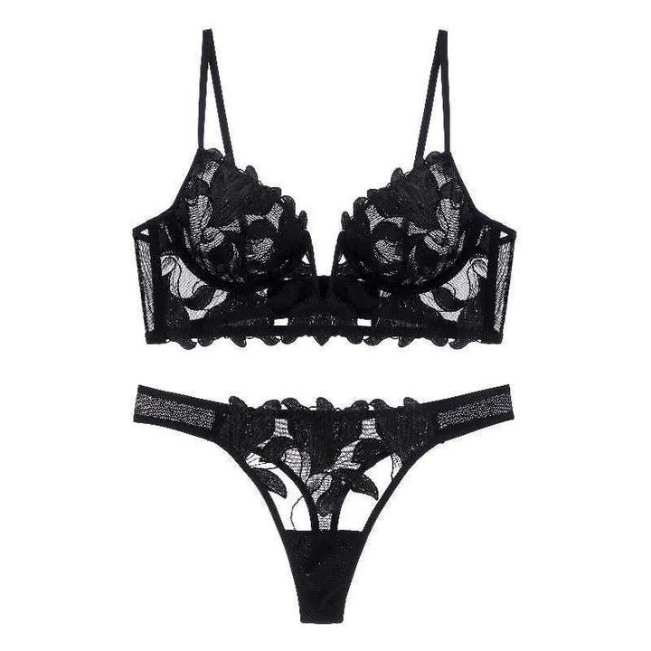 Elegant dames lingerie set met Franse kant, diepe V-hals bh en slip voor sexy mode.