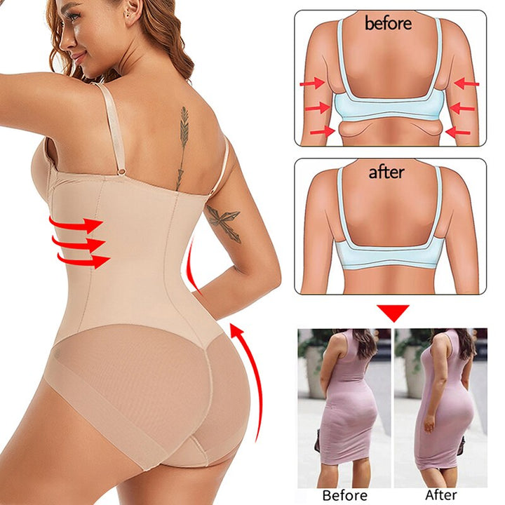 Zijaanzicht dames shapewear bodysuit toont de figuurcorrigerende werking voor een strak silhouet.