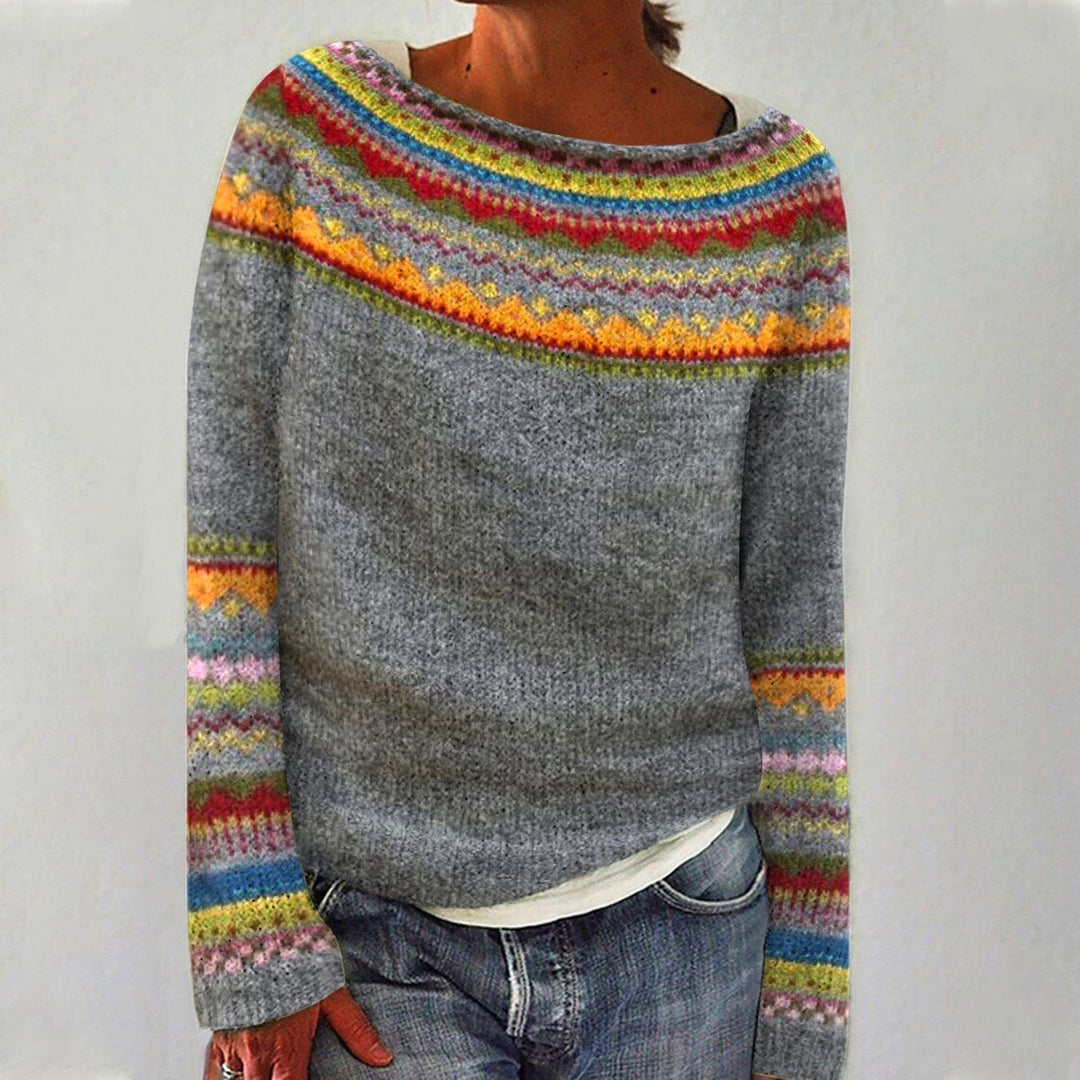 Dames trui met stijlvol patroon. Comfortabele herfstmode, ideaal voor een casual, warme winterlook.