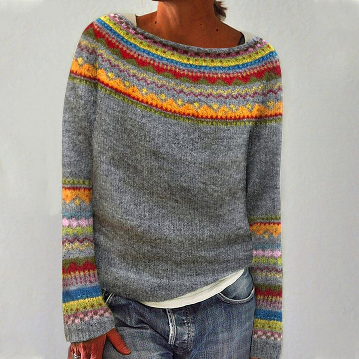 Dames trui met stijlvol patroon. Comfortabele herfstmode, ideaal voor een casual, warme winterlook.