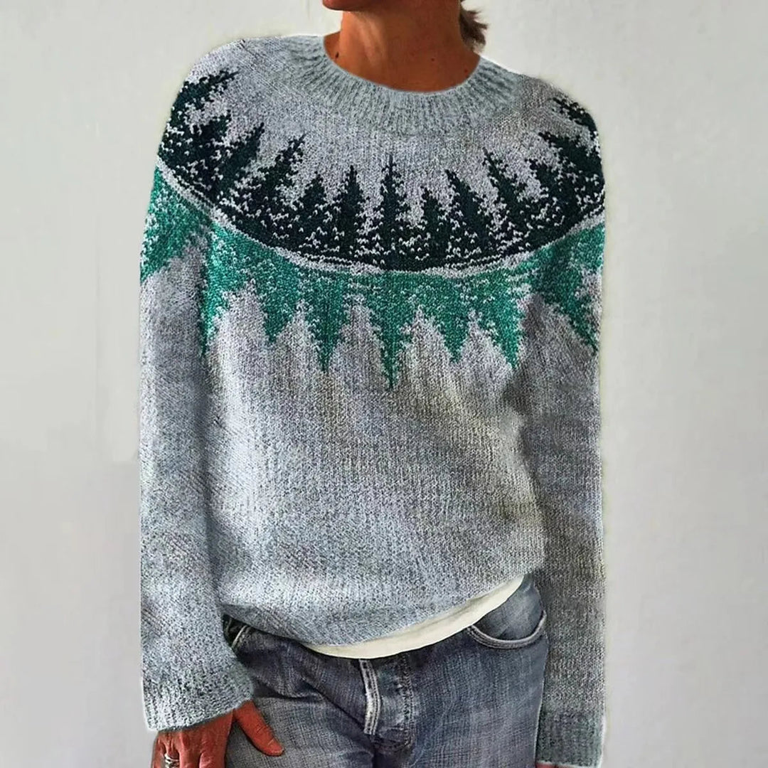 Dames trui met patroon in vintage stijl. Comfortabel en modieus voor koude herfst- en winterdagen.