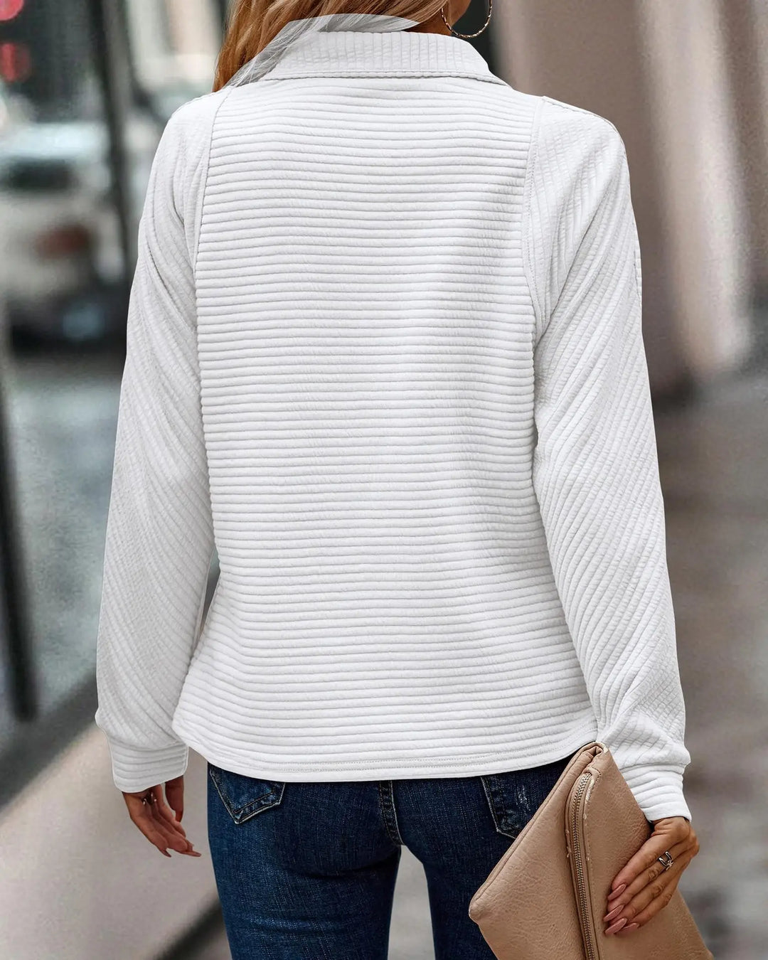 Dames trui Nora met V-hals en ritssluiting, warm gebreid katoen-polyester, ideaal voor winter.