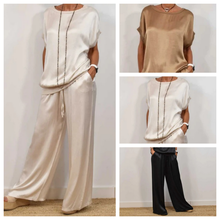 Dames comfortabele wijde pijpen broek set, tweedelig en relaxte pasvorm. Essentieel voor moderne mode.