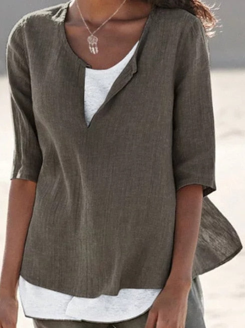 Zomers dames V-hals shirt, casual en stijlvol, een comfortabele top voor de moderne vrouw.