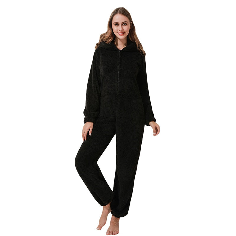 Dames winter jumpsuit, knus en warm, met zachte pluche voering en lange mouwen, ideaal voor thuis.