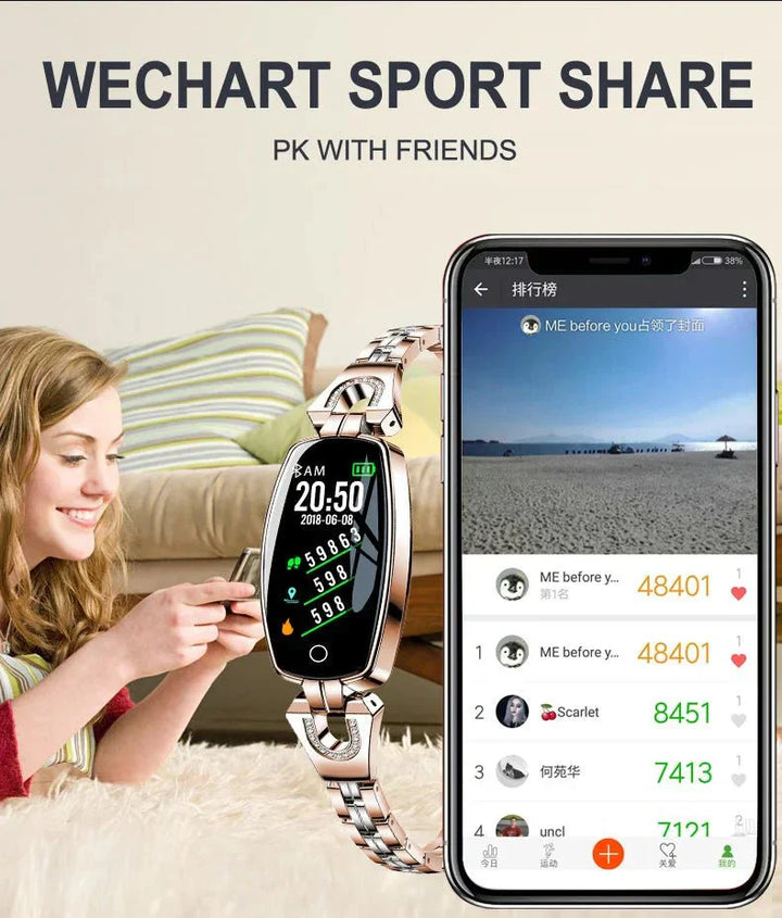 Waterdichte dames smartwatch voor fitness, inclusief slaapmonitoring en hartslagmeting.
