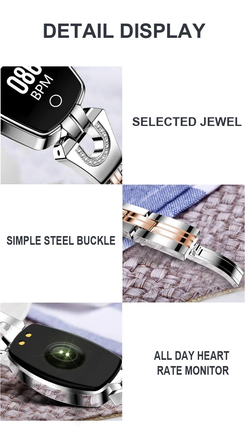 Stijlvolle zwarte dames activity tracker, waterdicht, met meldingen en gezondheidsmonitoring.