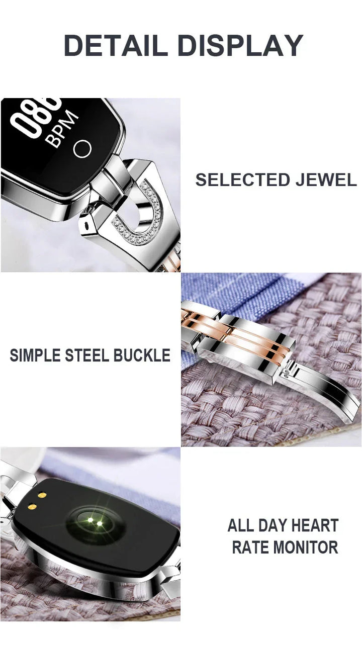Stijlvolle zwarte dames activity tracker, waterdicht, met meldingen en gezondheidsmonitoring.