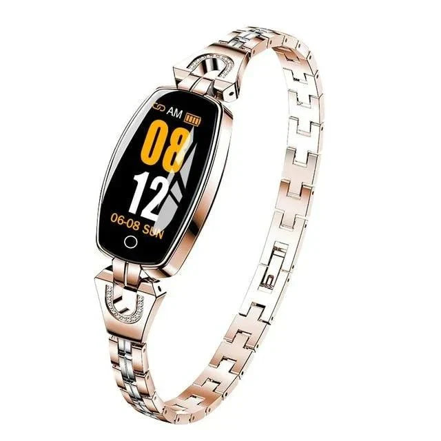 Gouden dames smartwatch, waterdicht, voor fitness tracking, hartslag en slaapanalyse.