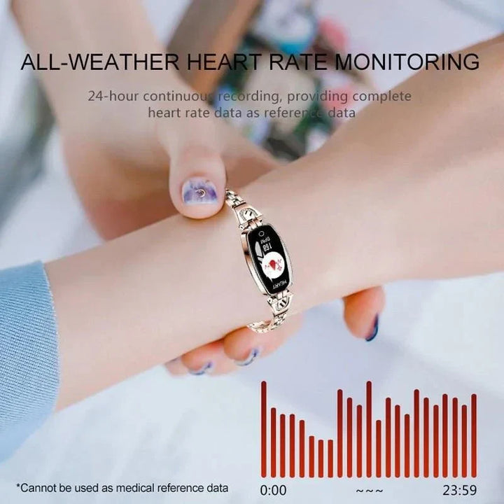 Zilveren dames fitness armband, waterdicht, combineert stijl met geavanceerde gezondheidsdata.