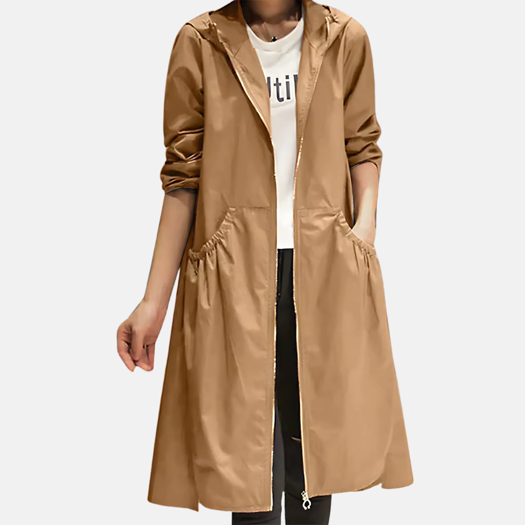Stijlvolle knielange dames regenjas, lichtgewicht en casual, perfect als tussenjas.