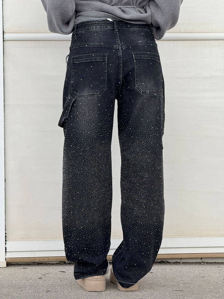 Festival dames jeans met glitter strass en wijde pijpen. Ultiem comfort en stijl.
