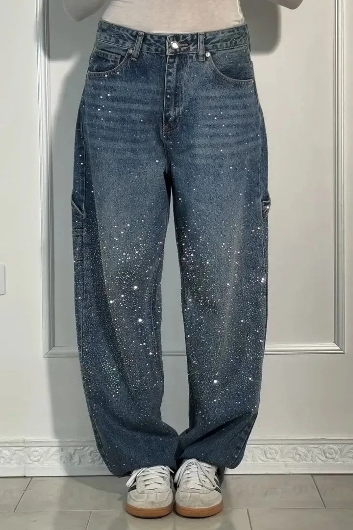 Modieuze dames strass jeans met wijde pijpen, perfect voor festivals en comfort.