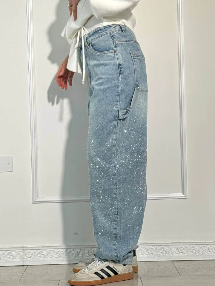 Festival ready dames glitter jeans, wide leg model met schitterende strass-steentjes.