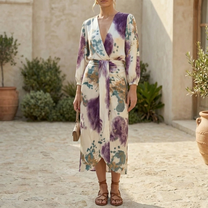 Dames wikkeljurk met lange mouwen, strikceintuur en unieke tie-dye waterverf print; elegante polyester jurk.