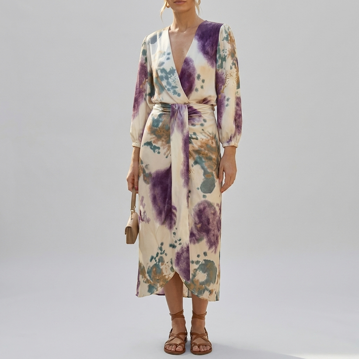 Lente/zomer wikkeljurk dames met waterverf print, lange mouwen en strikceintuur; stijlvolle V-hals elegante jurk.