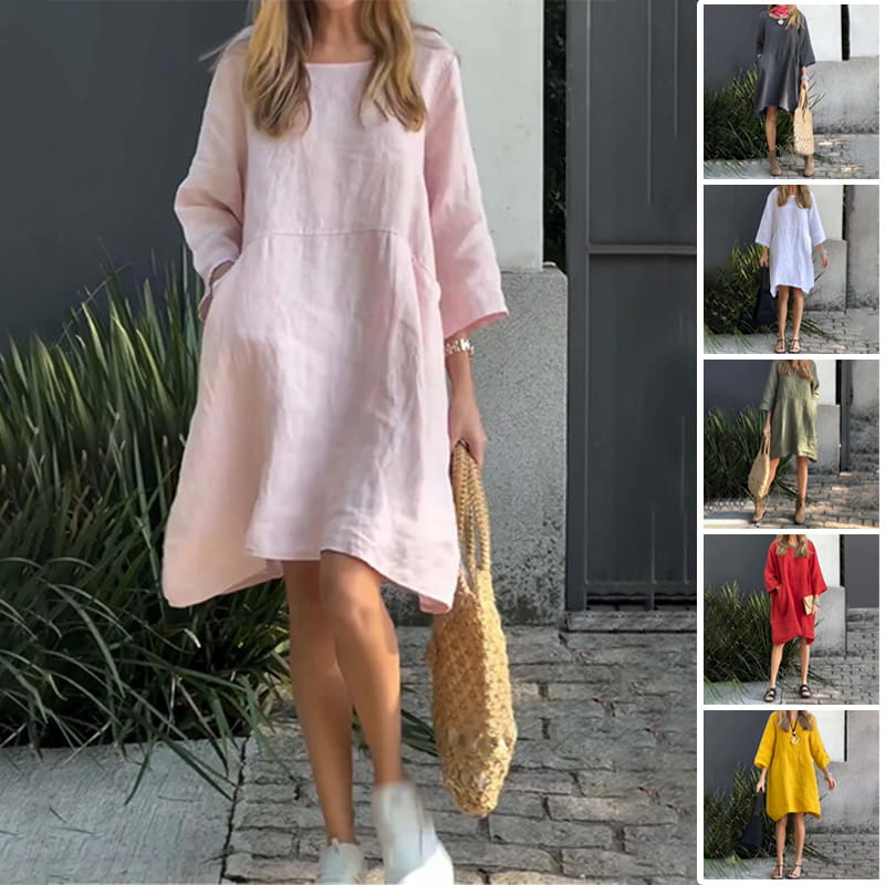 Modieuze Malia zomerjurk met ronde hals en losse pasvorm, ideaal als casual damesjurk voor vakantie.